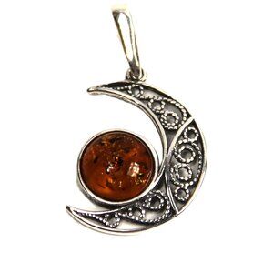 NEW! BALTIC AMBER  & STERLING SILVER CELESTIAL CRESCENT MOON PENDANT